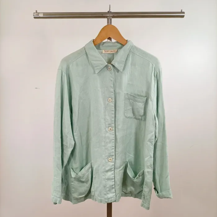 Chemise oversize Soft Grey 100% lin vert d’eau manches longues poches décontractée T40 estimée A1464