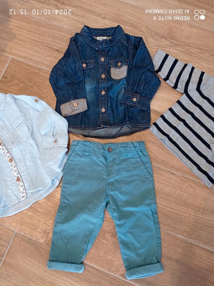 Ensemble chino vert+ 2 chemises jean + pull marinière 6 mois - photo numéro 2