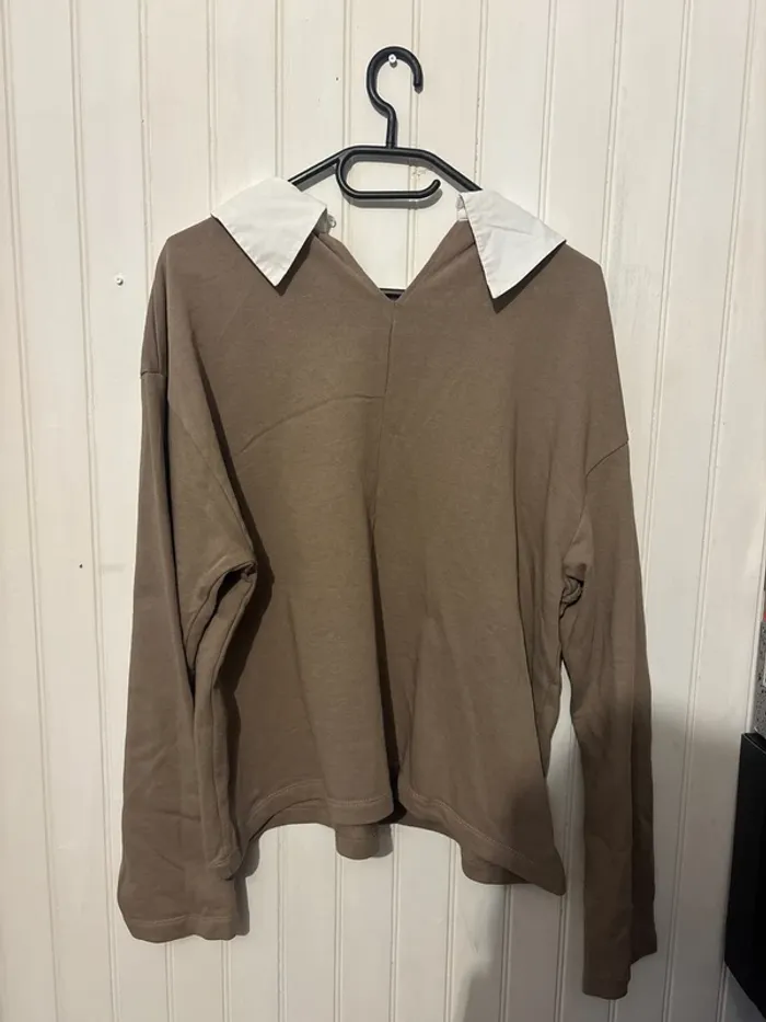 Pull Zara marron col blanc 100% coton - photo numéro 4