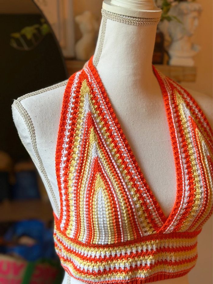 Crop top dos nu en maille brodée - Taille unique - Orange - photo numéro 5