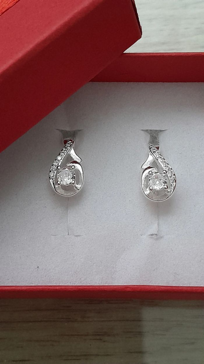 Boucles d'oreilles argent 925, gouttes avec zirconium, couleur argenté - photo numéro 2