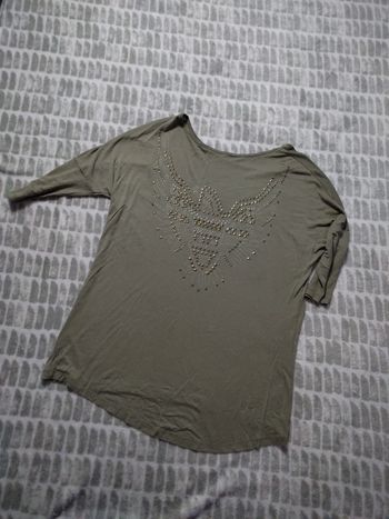 Haut top blouse tee-shirt manches 3/4 kaki aigle strass dos Happy Holly taille 38