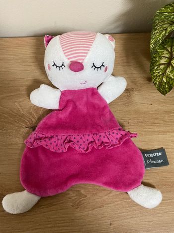 Doudou plat chat ours endormi blanc rose orchestra premaman