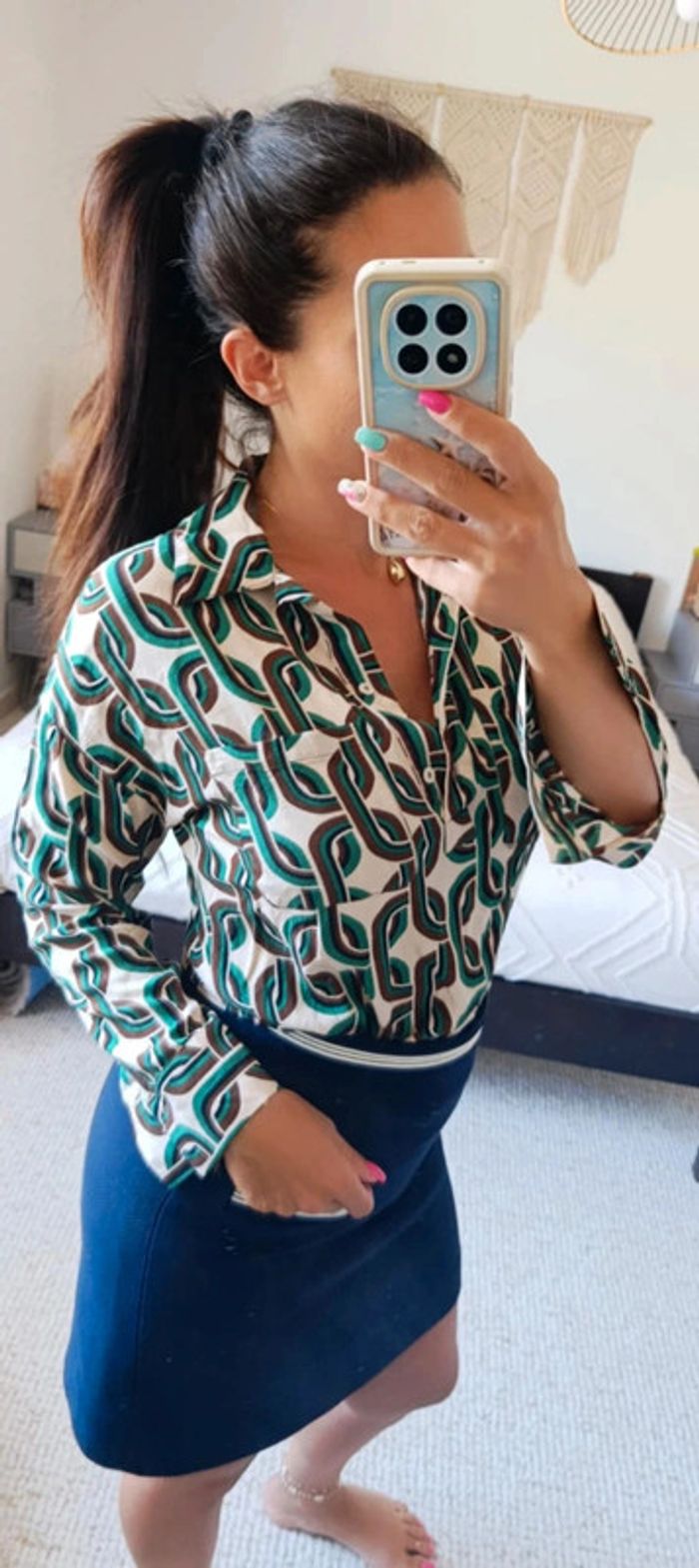 Blouse chemisier Mango XS beige vert motifs 70's vintage manches longues légères - photo numéro 2