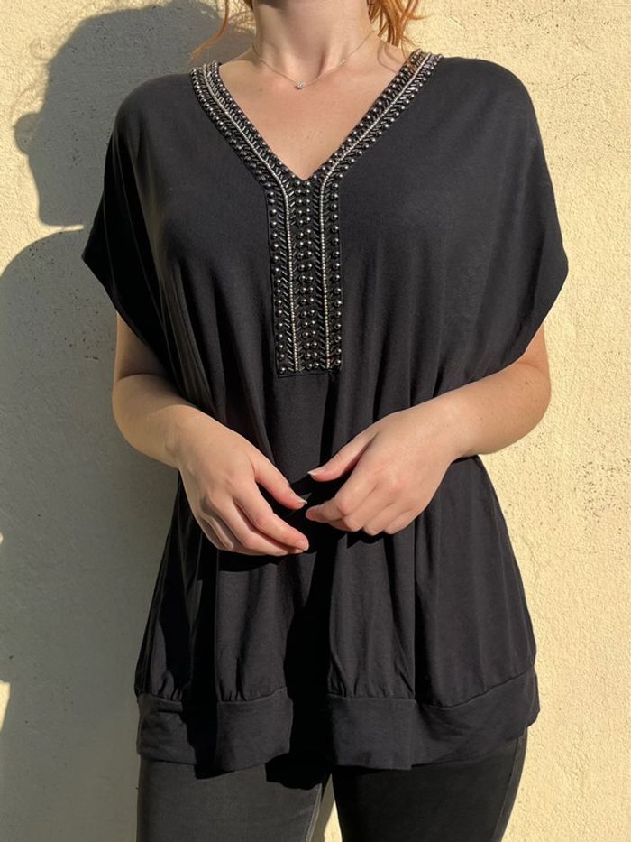 T-shirt tunique ample noir avec perles - photo numéro 4