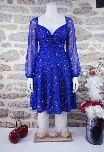 Robe de soirée patineuse manches longues bouffantes voilées bleue royal pailleté argenté Femme taille 54  Asos 🌻 