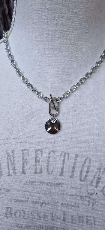 Collier mailles épaisses et large maillon farandole tige médaille acier inoxydable argent
