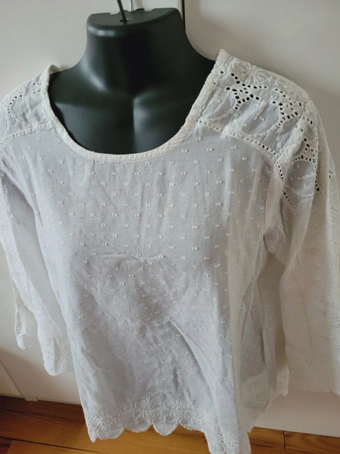 Haut Top tee shirt blouse motifs pois blancs en 100% coton manches originales taille L 40 - photo numéro 5