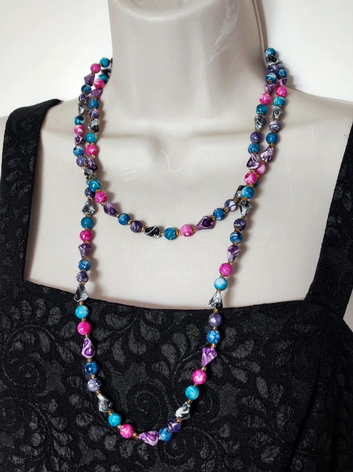 Collier sautoir perle rose bleu noir doré y2k 🇫🇷 Fabrication Artisanale- 120cm - photo numéro 2