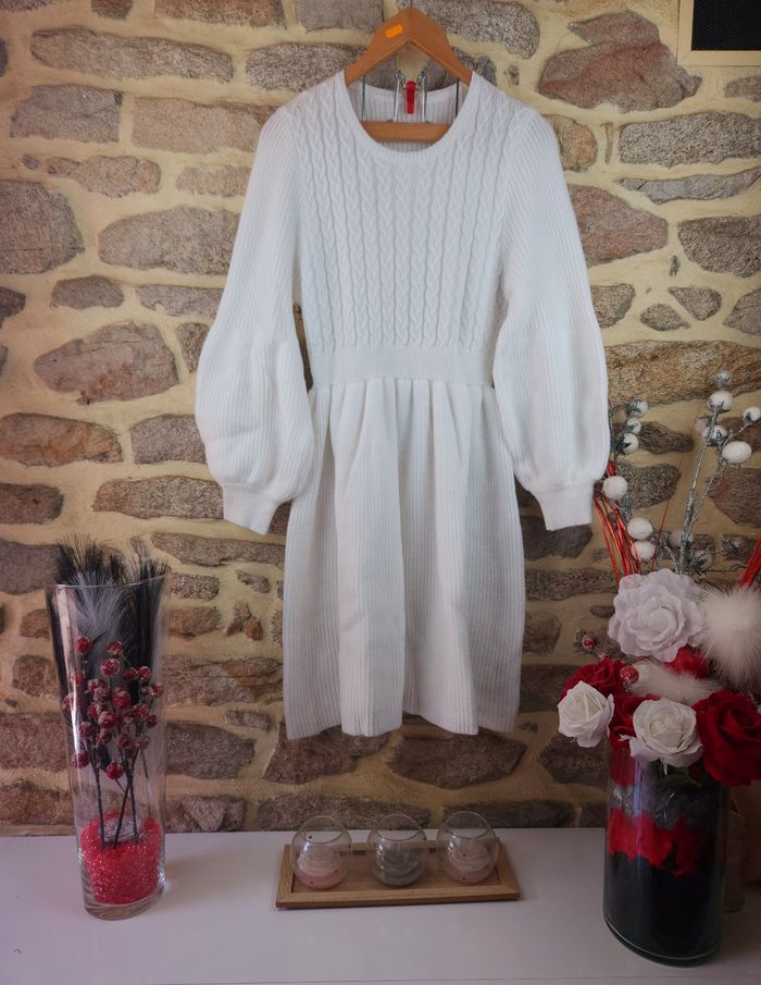 Robe pull en tricot manches lanternes blanc Femme taille 52 marque Boohoo 💎