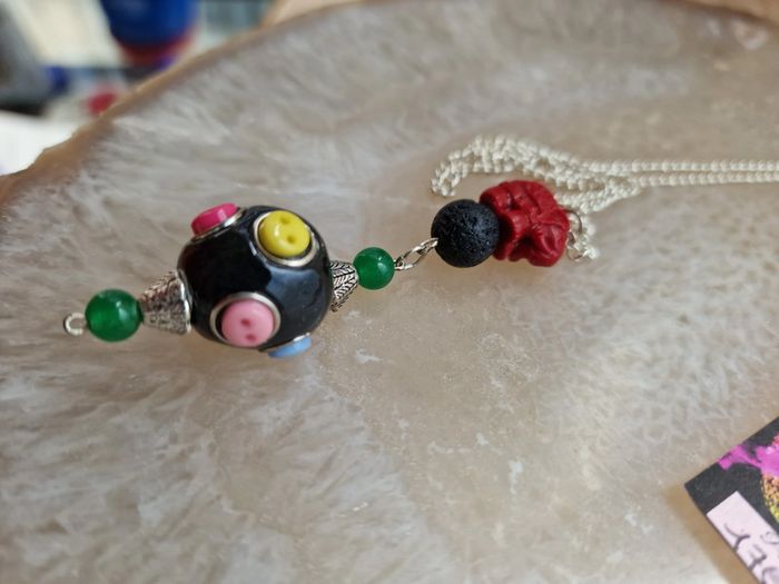 Collier Eléphant Perles Indonésienne Perle De Lave Jade - photo numéro 7