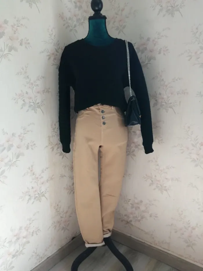 Pantalon beige cammel skinny taille haute avec boutons / jennyfer / (40)