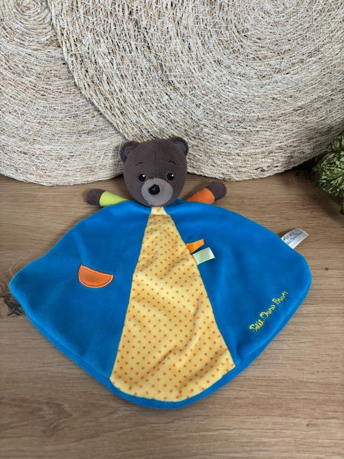 Doudou plat petit ours brun grelot jaune bleu jemini - photo numéro 2