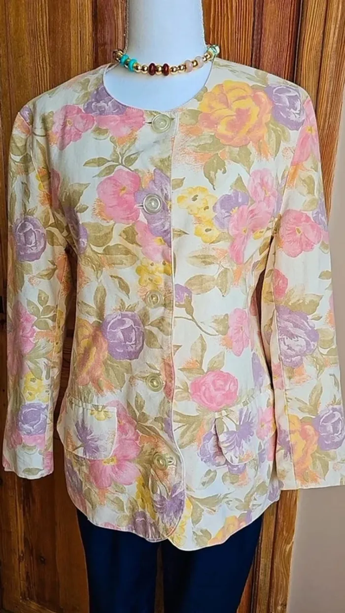 Veste blazer vintage flower print rose et pastel