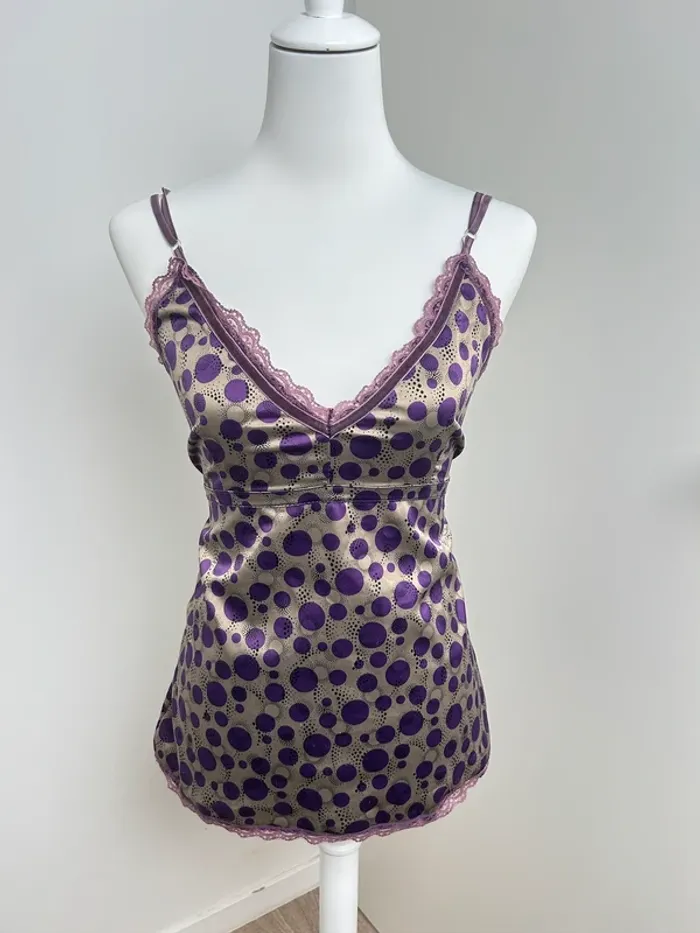 top y2k vintage satin violet pois rétro
