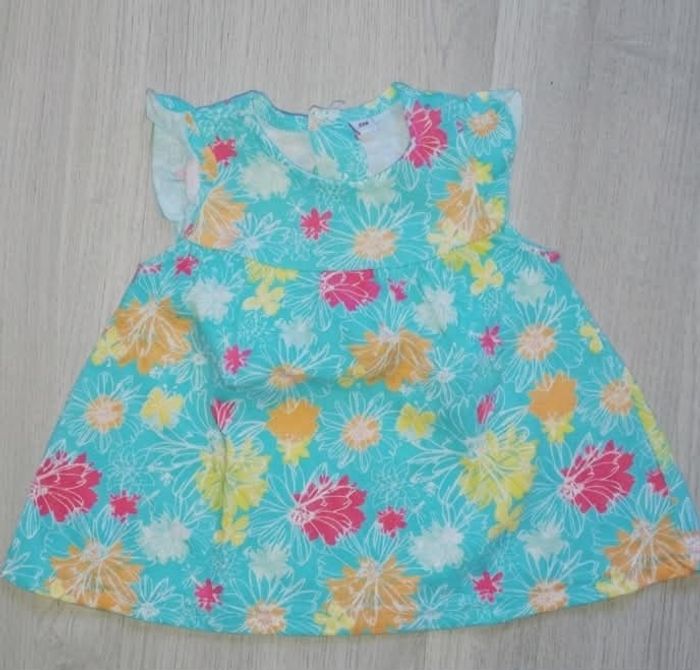 Tunique Turquoise "Fleurs Colorées" Manches Volants - 6 mois