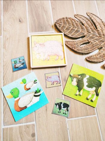 🐷Jeu motricité fine-Puzzles 3 en 1 en bois animaux de la ferme marque Gerardo Toys