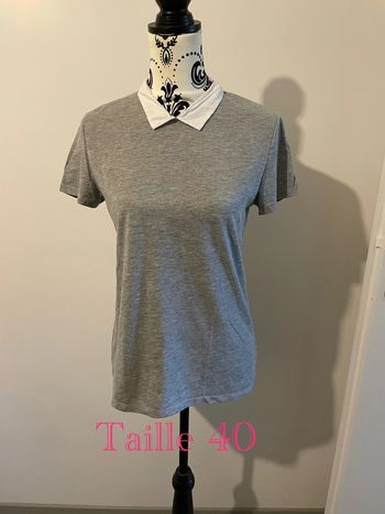 T-shirt à manches courtes gris extensible col chemise blanc taille 40