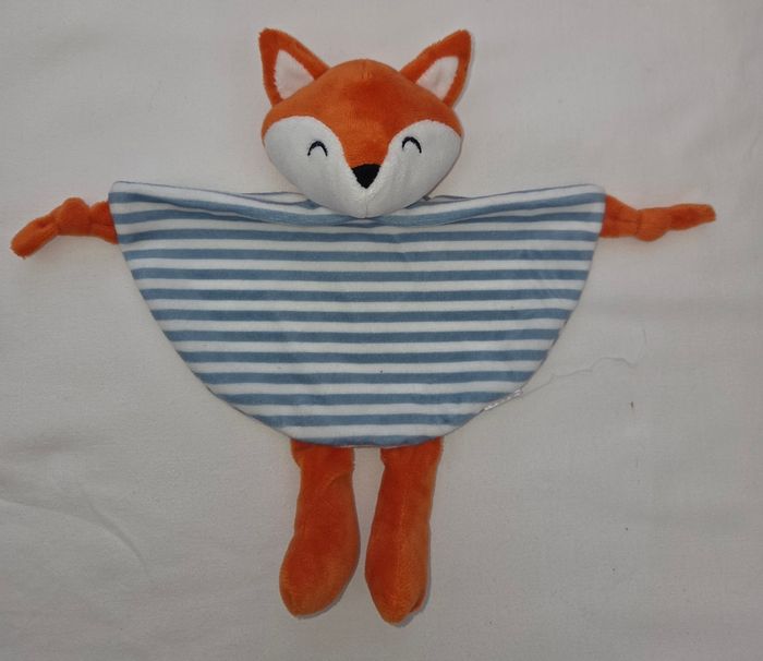 Doudou Renard grelot plat bleu et blanc rayé- Tom & Kiddy