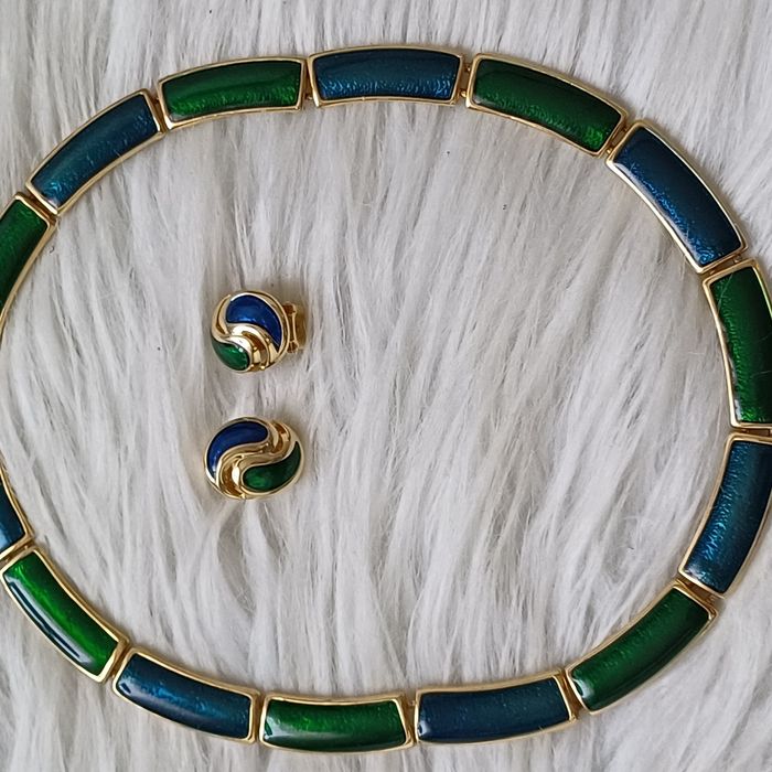 Demi parure vintage métal doré et émaillé bleu et vert - photo numéro 2