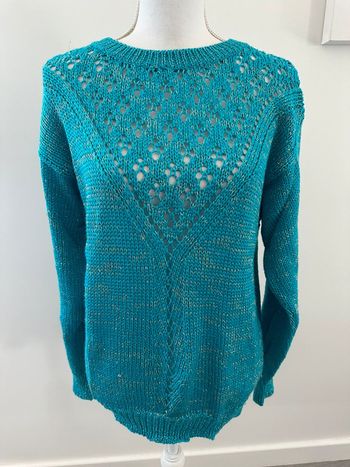 Pull ajouré bleu turquoise et doré Vintage T42/44 XL/XXL