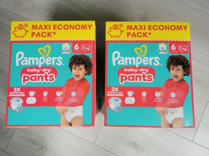 Pampers baby dry, taille 6, 2x74 pants = 148, 13/19kg