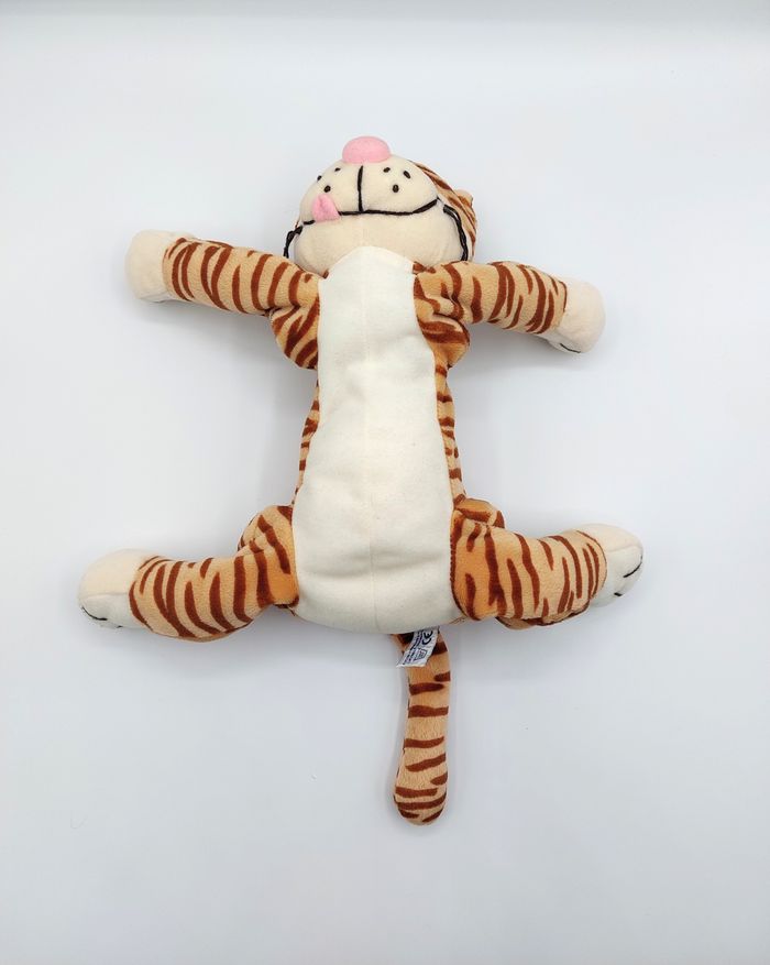 Ancienne Peluche doudou chat tigré marron orange tout mou AJENA rose 26 cm sans la queue - photo numéro 4