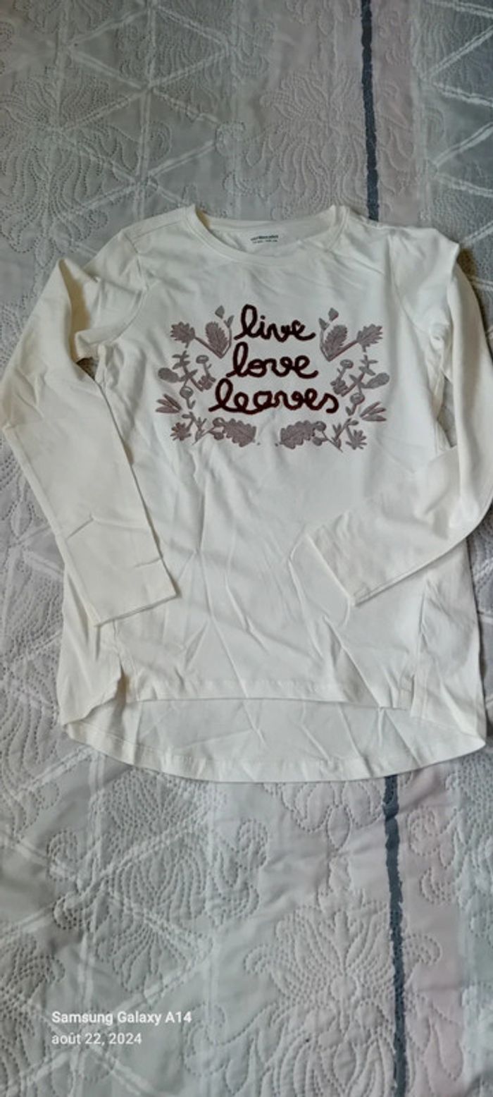 Tee-shirt long motif feuilles et texte brodé crème neuf fille 10 ans vert baudet - photo numéro 2