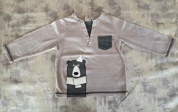 Pull fin manches longues – 12 mois – Gris motif ours 🐻 – 60% coton / 40% polyester – TBE 