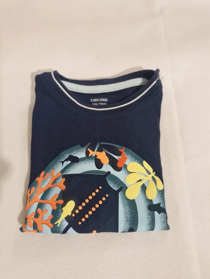 T-shirt manches courtes motif raie manta et coraux bleu marine 12 mois (74 cm) Obaïbi - photo numéro 3