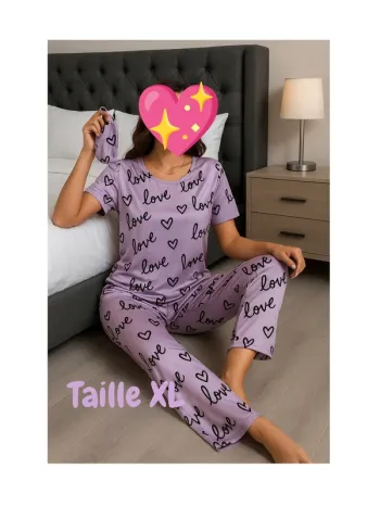 Pyjama satiné "Love" - Lavande Taille XL
