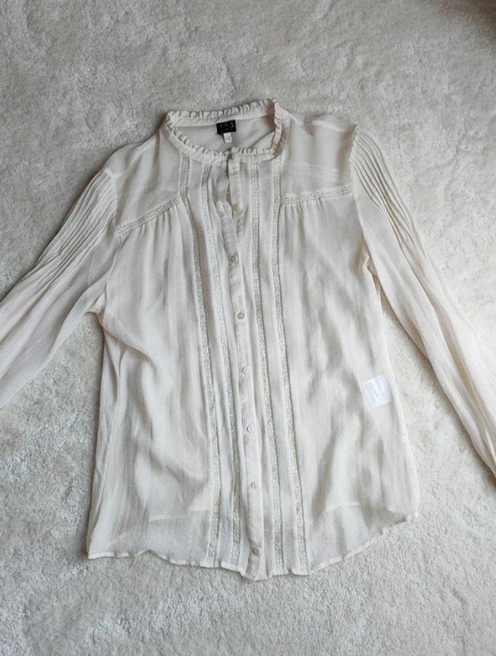 Chemise Chemisier écru 123 Un Deux Trois 100% soie T44 détail dentelle transparent neuf - photo numéro 5