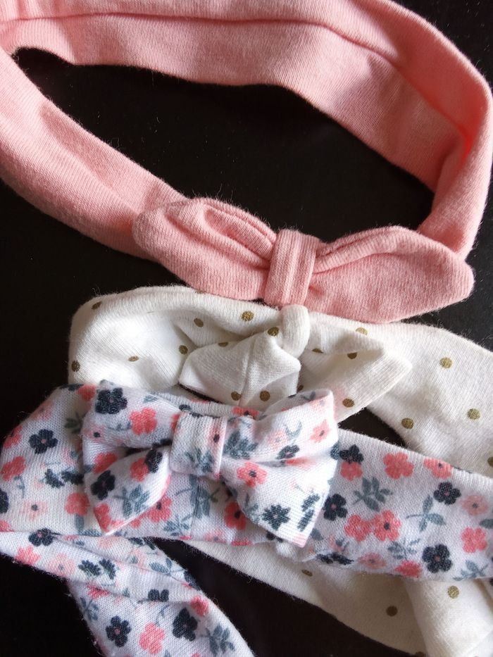 Lot de 3 bandeaux bébé fille 0,6 mois, rose, blanc, motifs, nœuds - photo numéro 2