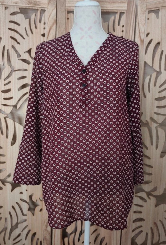 Blouse fluide bordeaux imprimé cercles - Manches 3/4 Actuelle