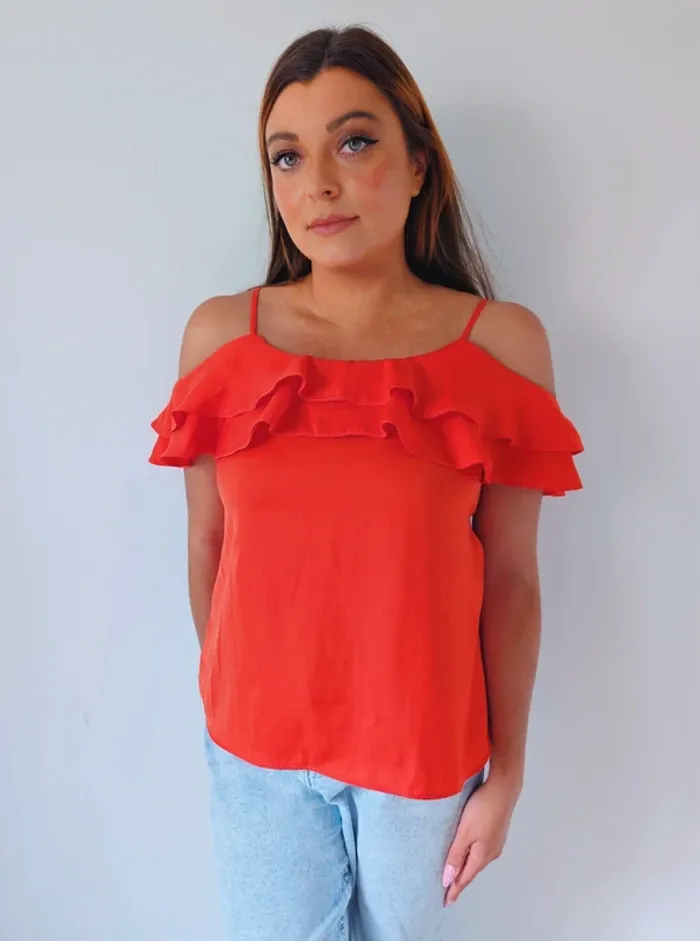 Blouse d'été à épaules nues rouge orange volanté bohème tendance Promod Taille 34 - photo numéro 4