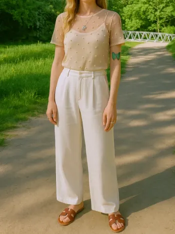 Haut Zara à courtes manches beige transparent avec perles XS/34