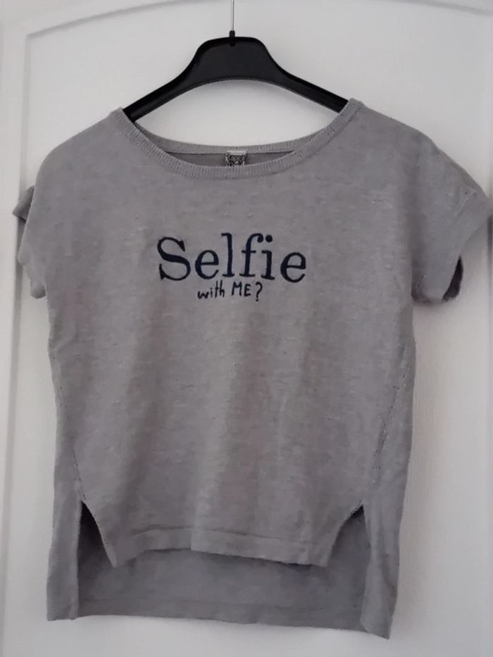 Pull manches courtes selfie gris fille 10 ans TAO - photo numéro 3