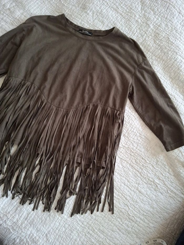 T-Shirt franges kaki Bershka taille M - photo numéro 3