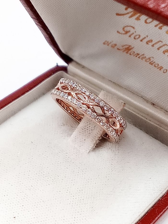 Anello argento 925 fedina color oro rosa con pavé zirconi placcato oro 18 kt? Misura 8.5/9 falange
