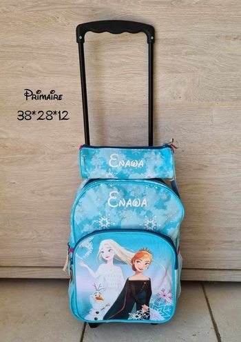 Sac primaire à roulettes  reine des neiges + trousse assortie
