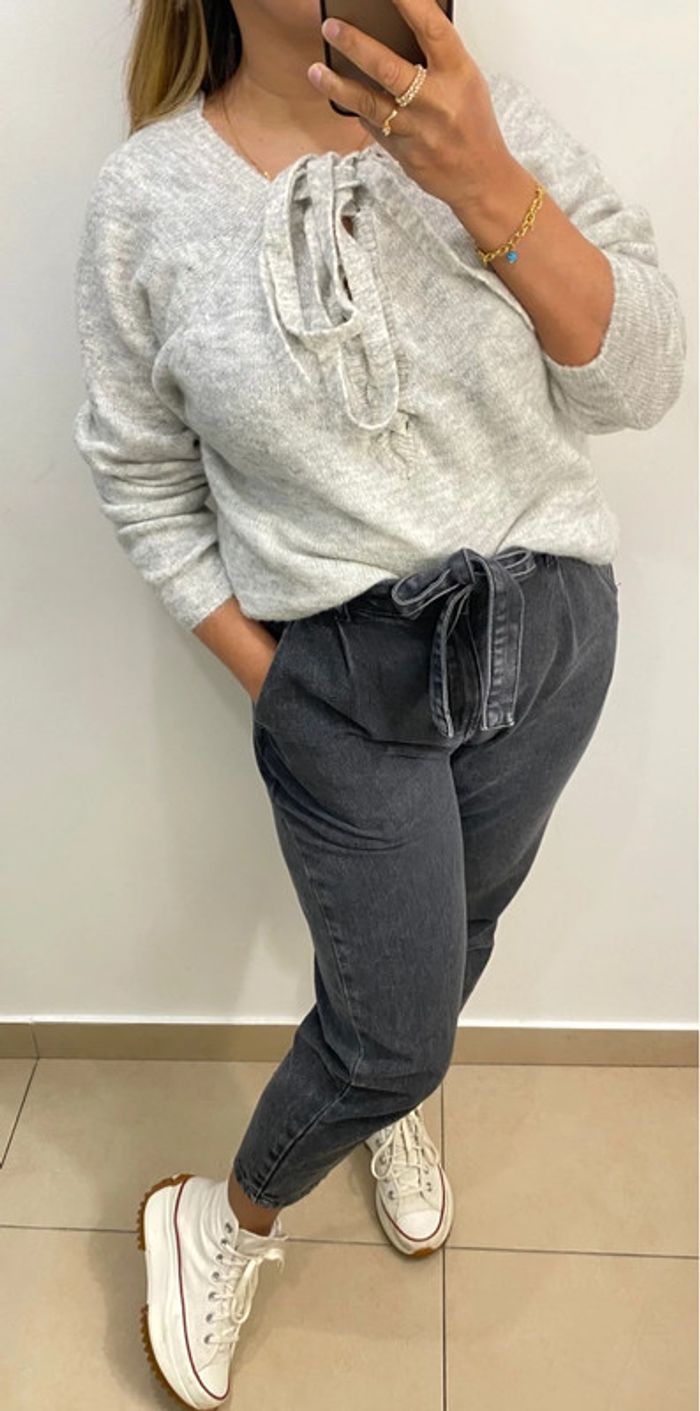 Superbe Pull Gris Col V À Nouer Taille M - photo numéro 5