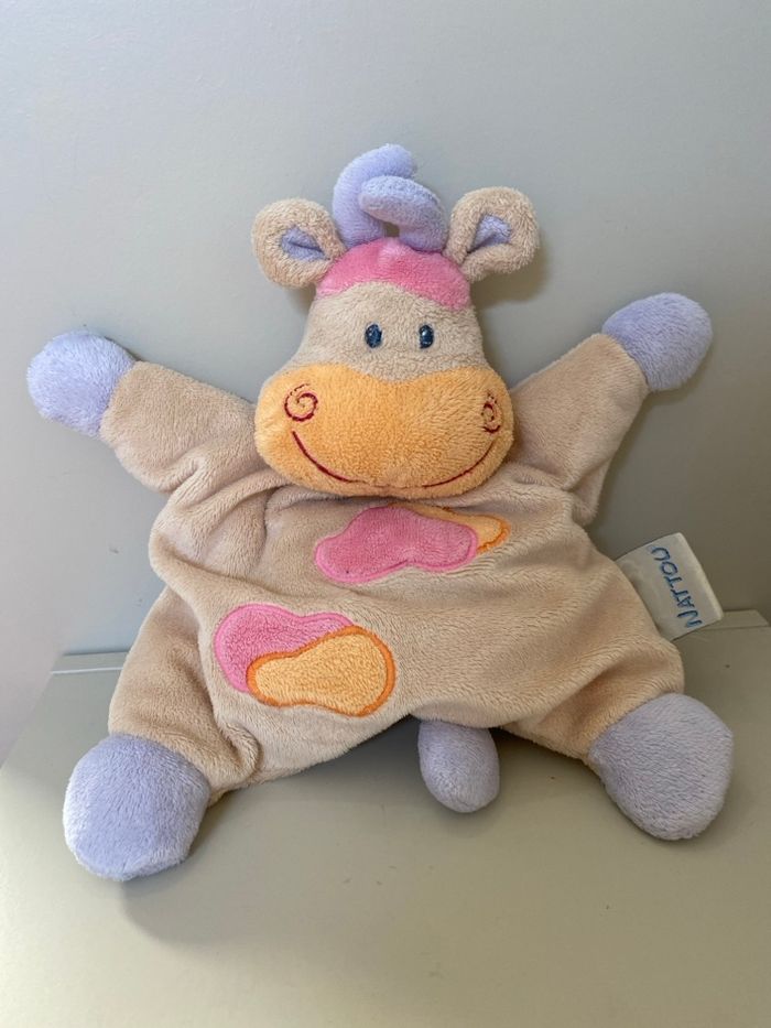Vache en peluche hochet beige orange rose et lilas