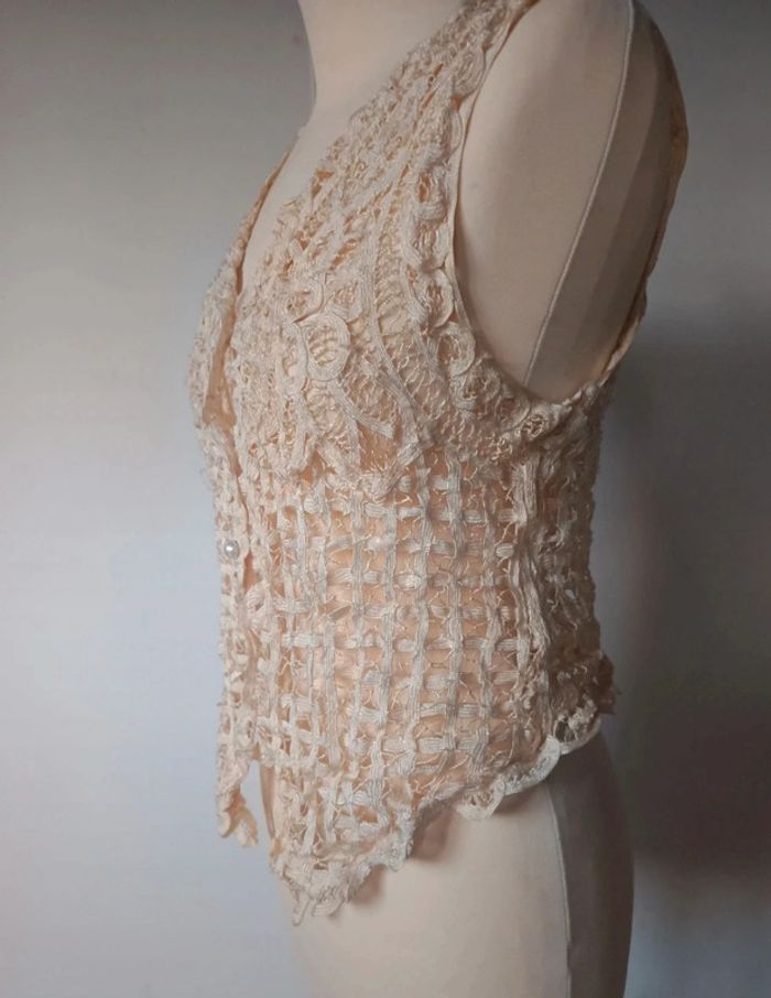 💎gilet en crochet élégant chic beige nude doré taille unique xs s m l extensible vintage authentique - photo numéro 5