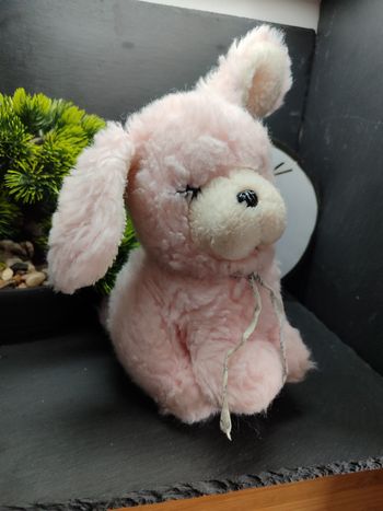 doudou peluche ancien lapin chien rose blanc gipsy gros câlin noir assis Ruban 