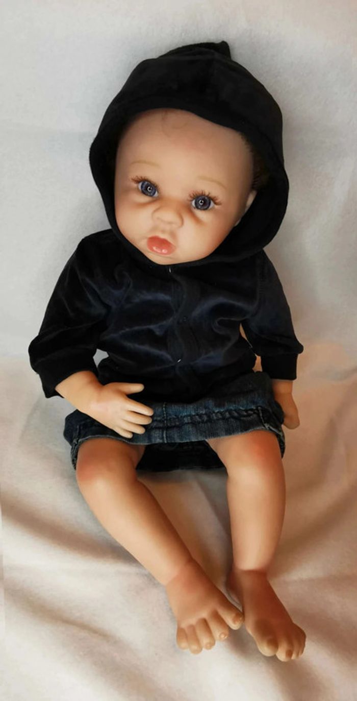 Veste 👣 sweat noire velours et tissu à capuche Kitchoun 1mois/54cm - photo numéro 4