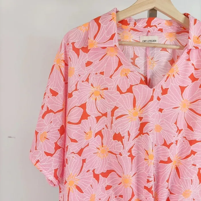 Chemise fluide fleurie rose orange CMT Atelier, col V nouée devant, taille M A516 - photo numéro 5