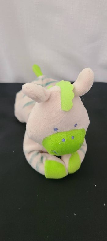 DOUDOU PELUCHE BEBE CONFORT ZEBRE ECRU VERT BLEU GRELOT AIMANT 18cm