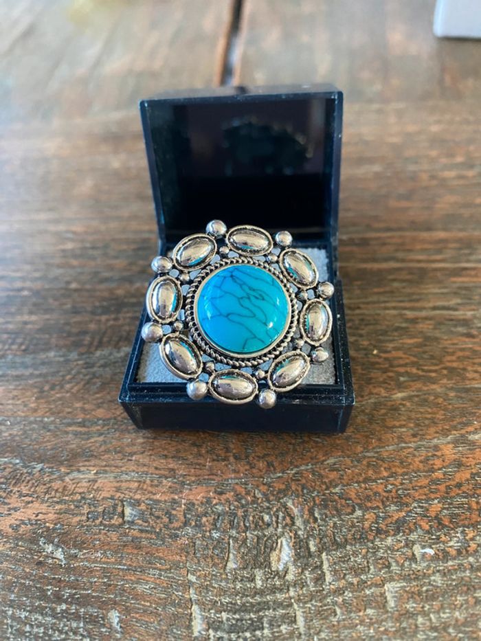 Magnifique bague réglage fleur avec turquoise - photo numéro 3