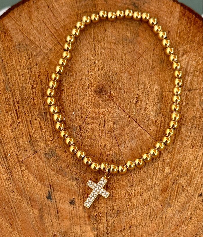 Bracelet réglable (élastique) grosses boucles roux cristaux acier inoxydable or - photo numéro 4