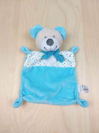 Doudou plat ours bleu turquoise NICOTOY SIMBA beige blanc pois nuage écharpe TTBE
